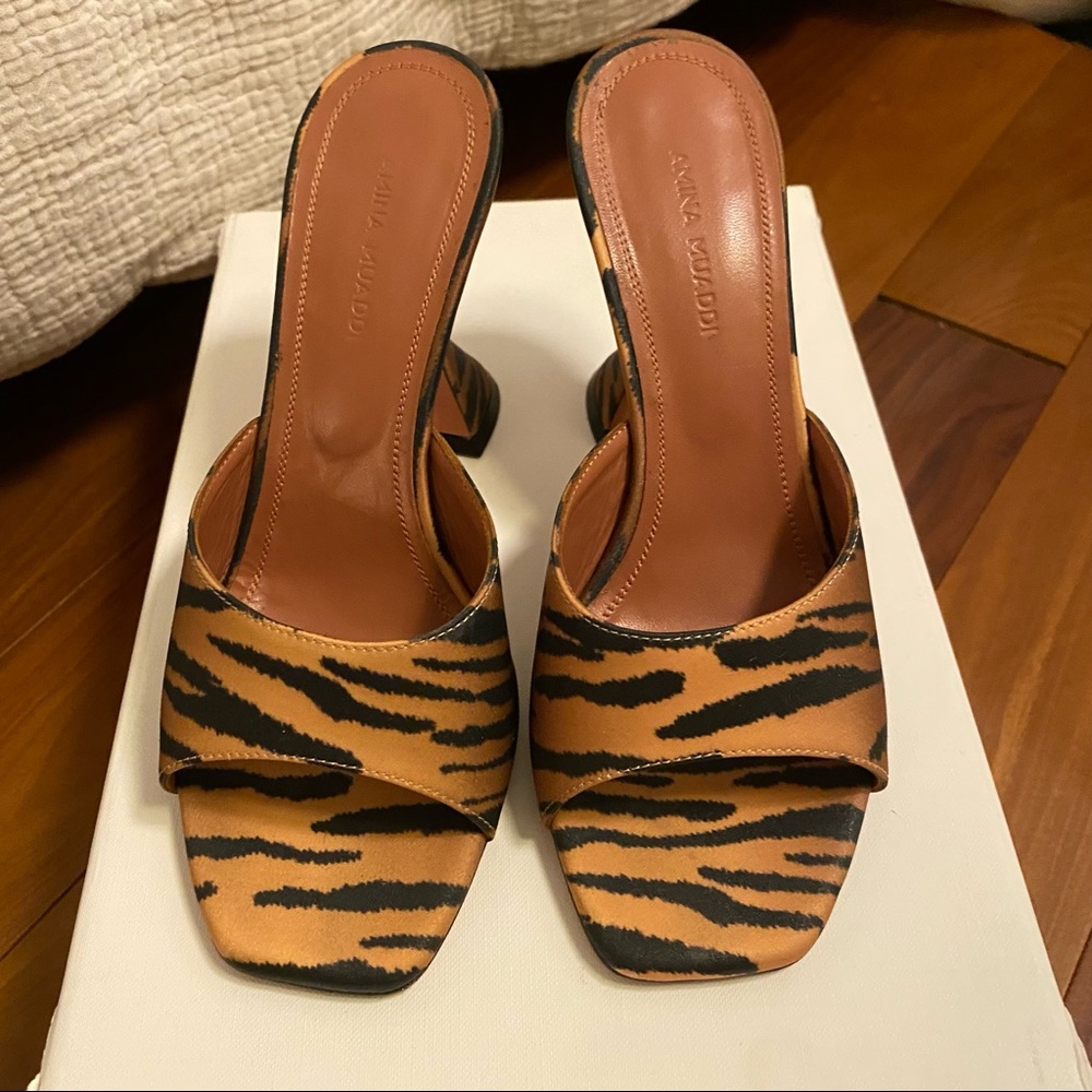 AMINA MUADDI LUPITA Satin Mule Sandal Heel Tiger Print 95 MM Size 36 6 Like New!
